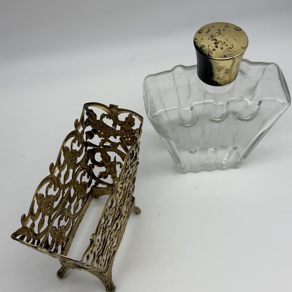 Vintage Ormolu Gold Gilt Floral Encased Glass Perfume Vanity Empty Bottle - Picture 2 of 6